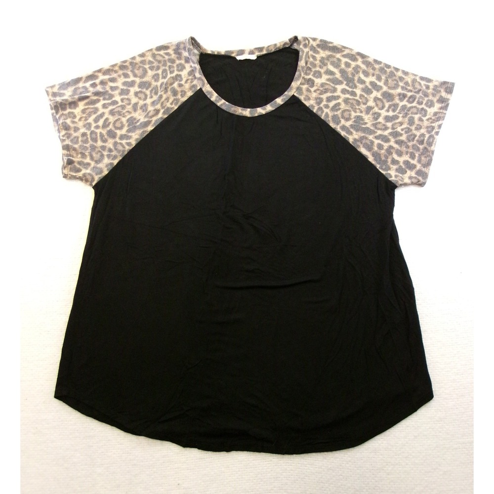 Jodifi Raglan Top Womens 1X Black Leopard Print Short Sleeve Crew Neck‎ Good